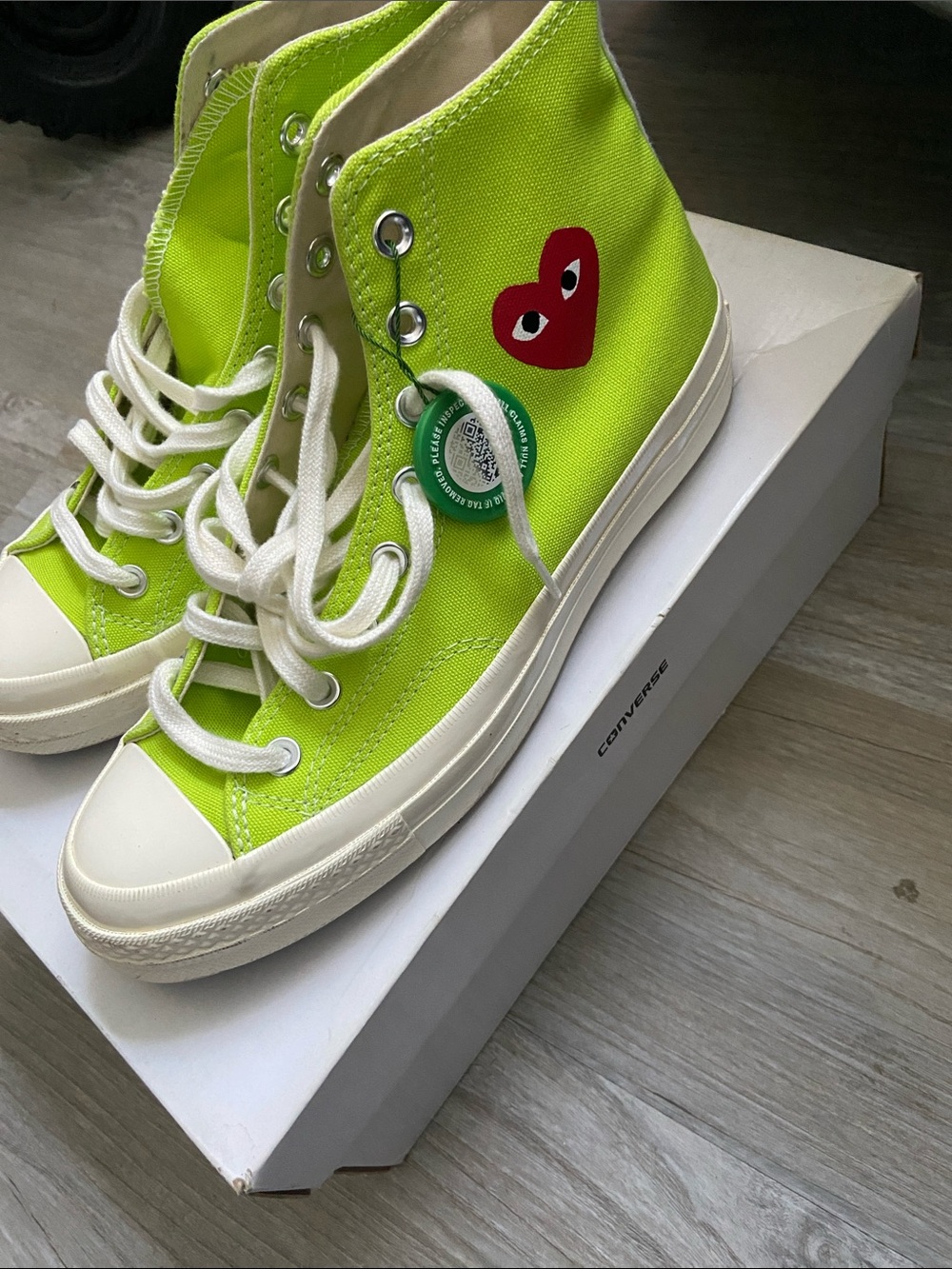 Comme des Garçons Neon Green High-Top Sneakers with Red Heart